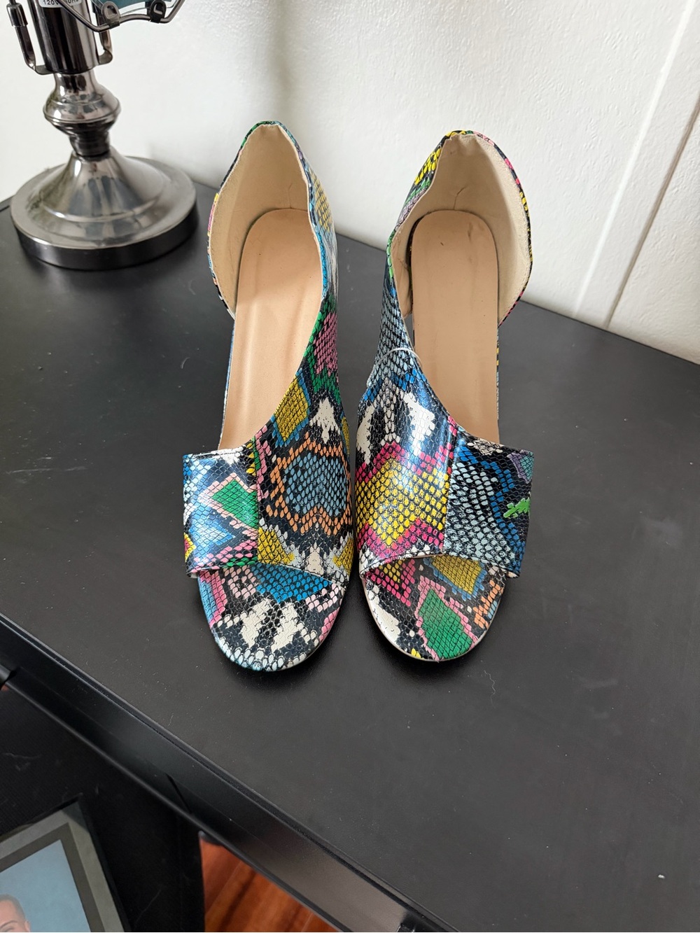 Multicolor Snake-Print Peep Toe Women's Heels